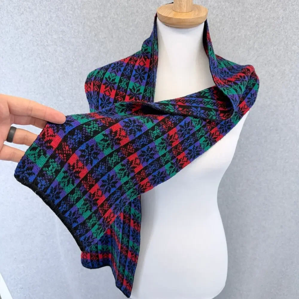 Women's Multi-Color Knit Scarf Black Red Green Blue Purple Fair Isle Pattern
